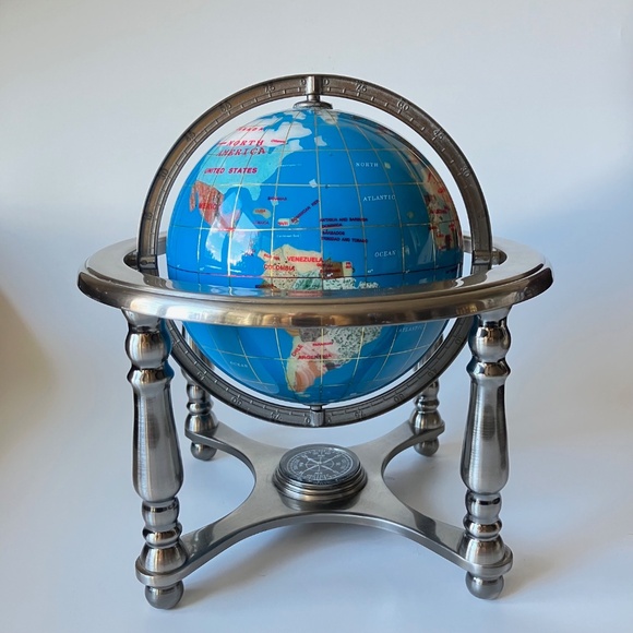 Vintage Gemstones World Globe: Lapis Lazuli Ocean, Silver Metal Stand, Compass - Picture 9 of 17